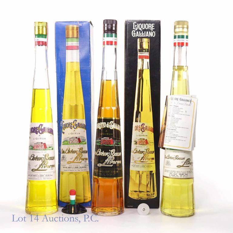 Galliano Liqueur Bottles (3): ** IF YOU NEED SHIPPING ON BOTTLES OR DECANTERS PLEASE CALL US BEFORE BIDDING! 847-625-0555! ** Blue Box: Liquore Galliano: 80 proof, 23/32 qt and sealed, with box. Black Box: Liquore Galliano: 35%, 7