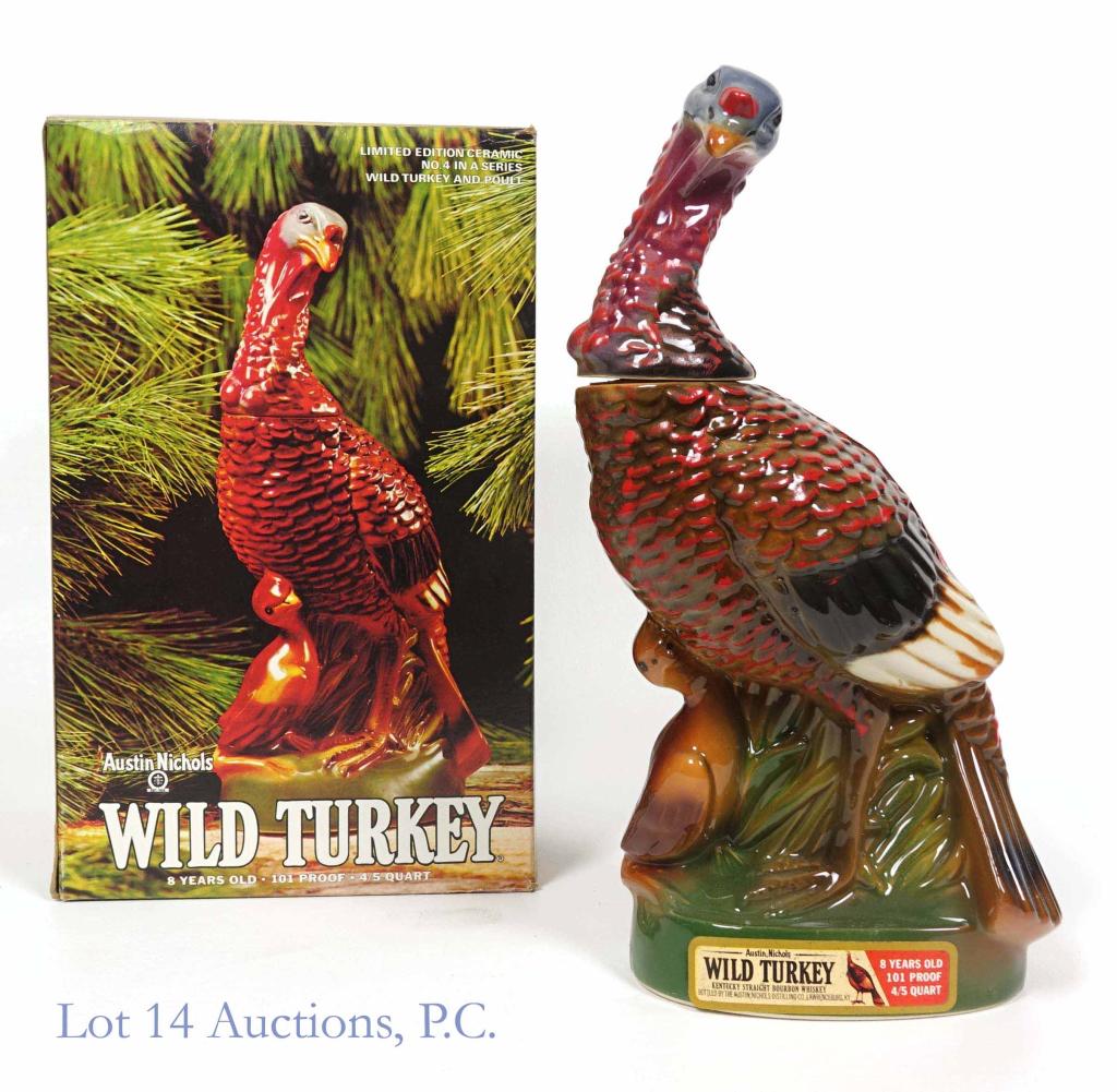 Austin Nichols Wild Turkey Bourbon (Turk & Poult): **IF YOU NEED SHIPPING ON BOTTLES OR DECANTERS PLEASE CALL US BEFORE BIDDING! 847-625-0555!** Austin Nichols Wild Turkey decanter (Turkey and poult). 8 years. 101 proof. 4/5 quart. **Seal broken in tr