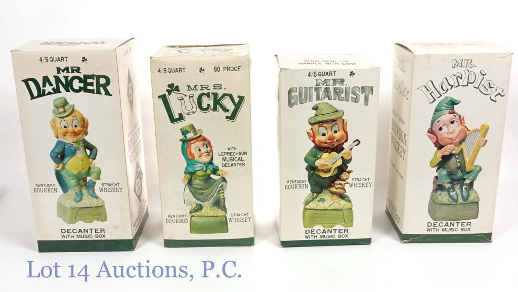 Hoffman's Whiskey Leprechauns A - SEE DESC. (4)*: **IF YOU NEED SHIPPING ON BOTTLES OR DECANTERS PLEASE CALL US BEFORE BIDDING! 847-625-0555!** (4) Hoffman Distilling music box leprechaun decanters. All in box. All 80 or 90 proof. Music boxes work to