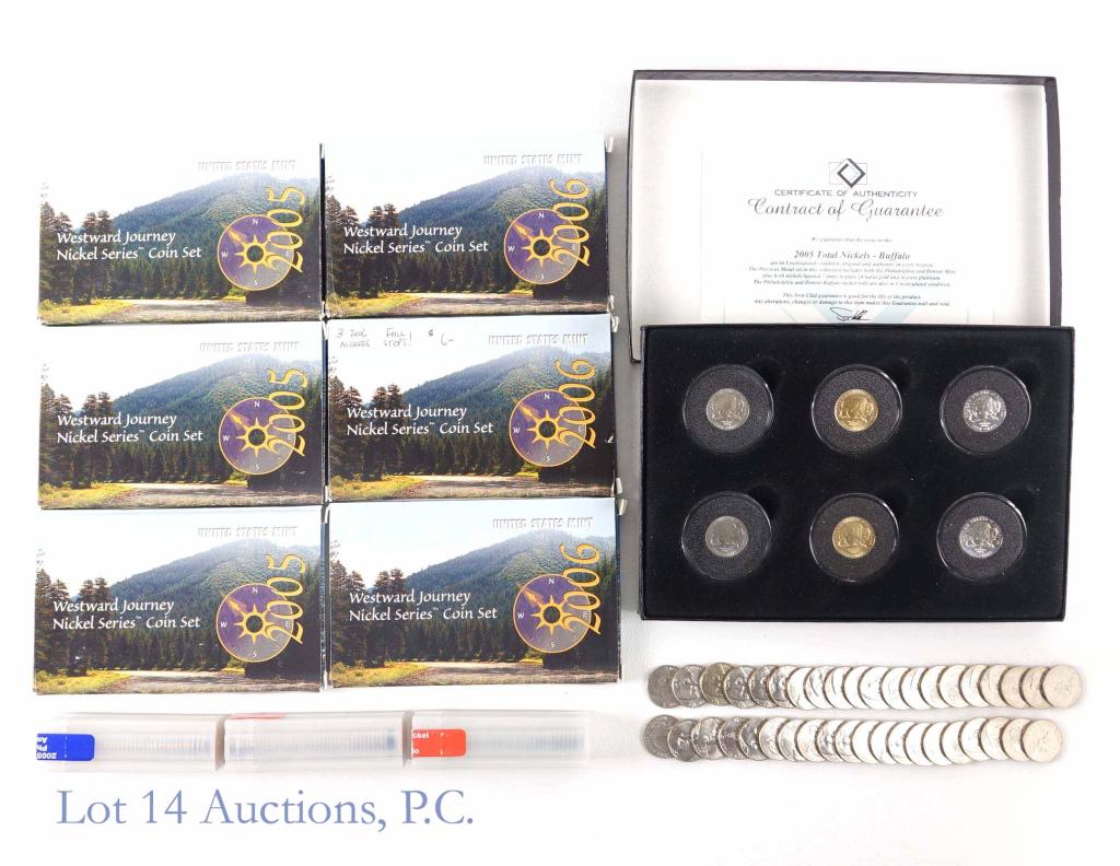 Nickels - Nickels - Nickels!: (3) 2005 Westward Journey Jefferson nickel sets (each set includes the P-D-S Buffalo and P-D-S "Ocean in View" coins in rough boxes with US Mint COAs) ** (3) 2006 Westward Journey Jefferson nickel set