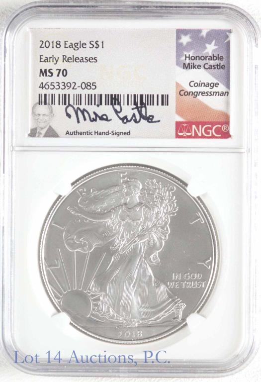 2018 Silver Eagle (NGC MS70 Early Mike Castle Sig): 2018 United States $1 Silver Eagle bullion coin. 1 troy ounce of 0.999 fine silver. Graded by NGC as MS70 and noted as an early release. Holder tag is signed by Mike Castle - Congressman who pushed le