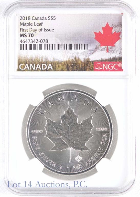 2018 Canada Silver Maple Leaf (NGC MS70): 2018 Canada $5 silver Maple Leaf. 1 troy ounce of 0.999 fine silver. Graded by NGC as MS 70 in holder with Canada tag.