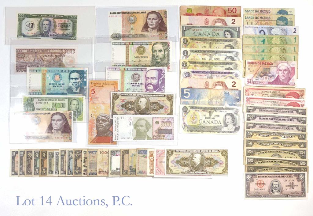 Banknotes of the Americas (55+): Over 55 bank notes from various nations in the Americas. Some appear that they might be Crisp Uncirculated. There are also several 1950s notes from Cuba.
