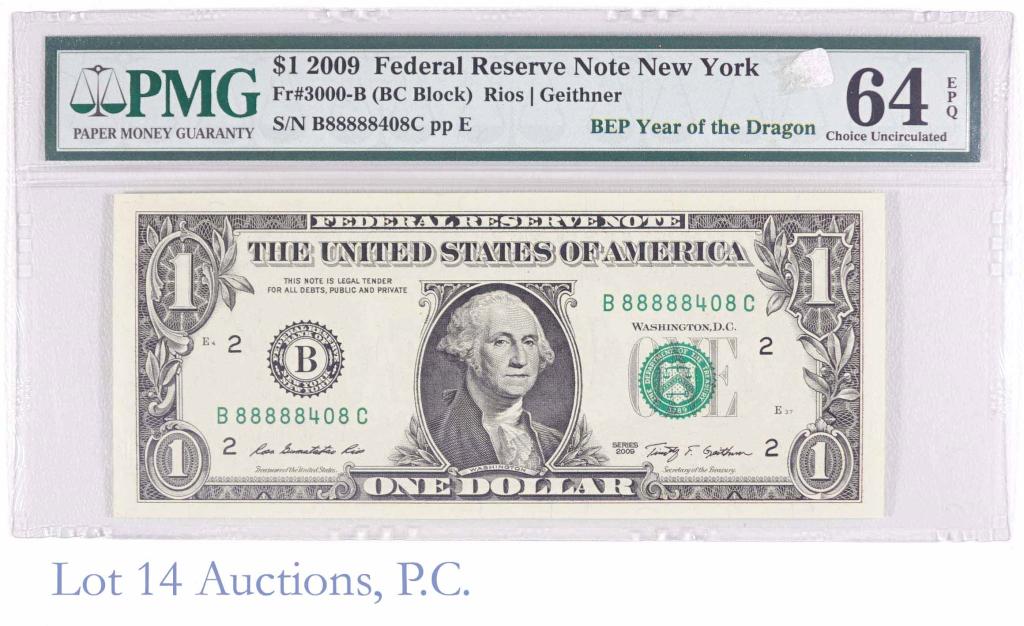 2009 $1 Note - Serial 88888408C Dragon PMG 64 EPQ: 2009 $1 Federal Reserve Note (FR 3000-B), graded by PMG as 64 EPQ (choice uncirculated with exceptional paper quality. The serial number on this note is 88888408C and is designated by the grader as BE