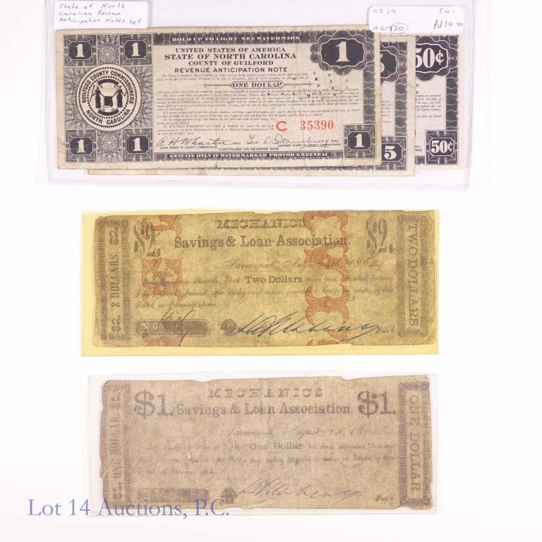 1860s and 1933 Notes: $1 & $2 Mechanics Savings and Loan Association of Savannah, Georgia notes. The $2 note is dated 1862. 1933 Guilford County North Carolina Revenue Anticipation Notes ($5, $1, 50 cents)