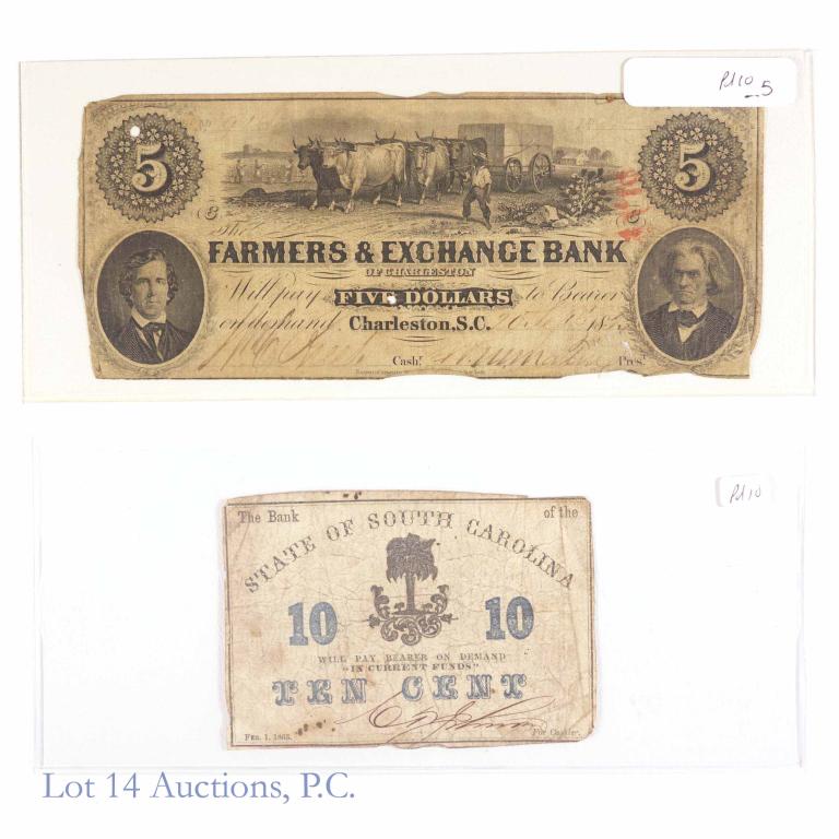 1850s Bank Note & South Carolina 10 Cent Note: Farmers & Exchange Bank of Charleston, SC $5 note. The date is difficult to read, but appears to be 185? A few folds and wrinkles. 1863 South Carolina 10 cent note. Has folds and small tears.