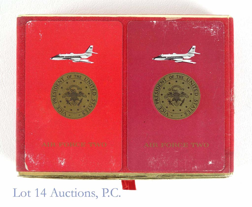 Vintage Air Force Two Playing Cards: Vintage Air Force Two double box of playing cards, Vice President seal on the back of box. Some damaging on box but the cards are brand new in the plastic.