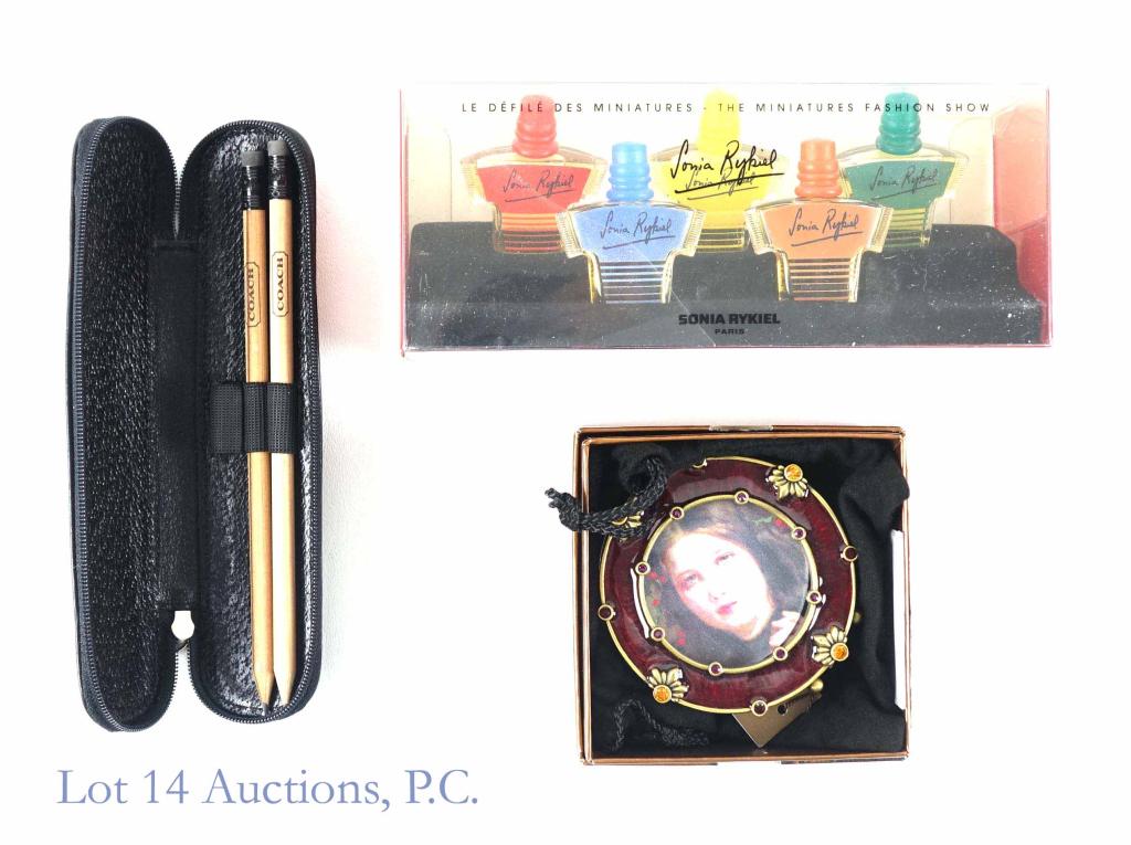 Aunt's Drawer: Jay Strongwater picture frame (new in box with bag and tag ... 3-1/8" diameter). ** (2) Coach brand pencils in a leather pencil case ** Sonia Rykiel "The Miniatures Fashion Show" set of five small eau