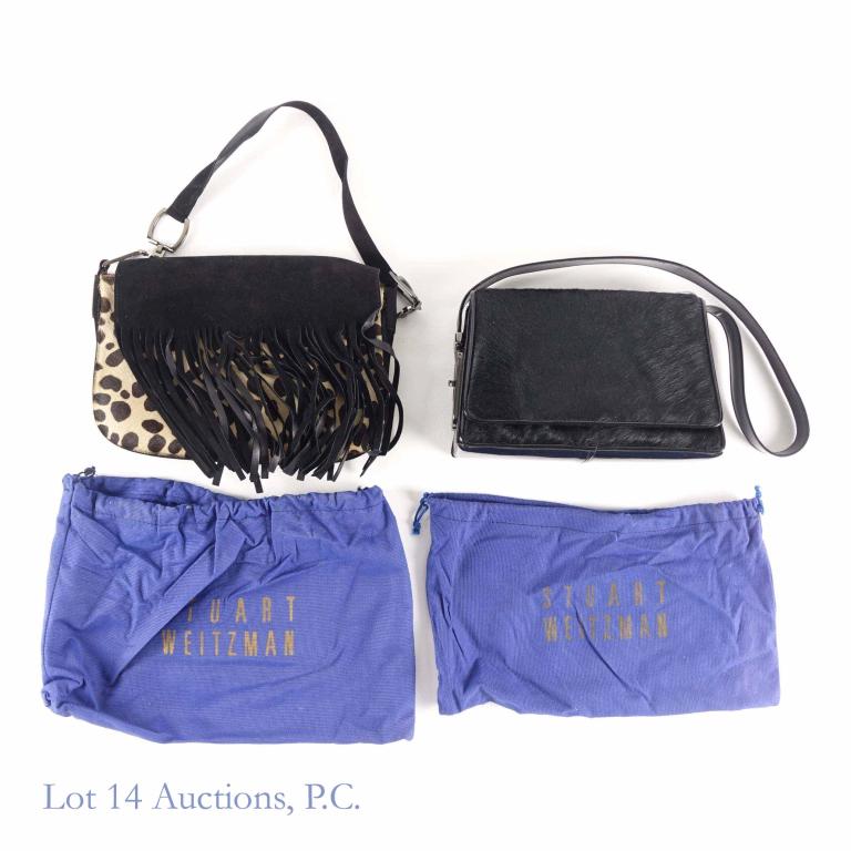 Stuart Weitzman & Frenchy Purses: 2 purses, both appear to be in new or like-new condition: Stuart Weitzman animal hide pattern and black fringe purse (comes with blue bag for the purse). ** Frenchy of California hide and patent leath