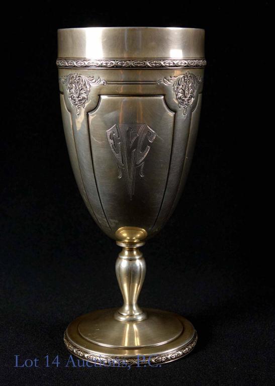 Towle Sterling Silver Louis XIV Goblet: Louis XIV sterling silver goblet with gold wash interior by Towle. ID number: 68160. Patent date March 17, 1925. 5.8 ounces. 6-3/4" tall.