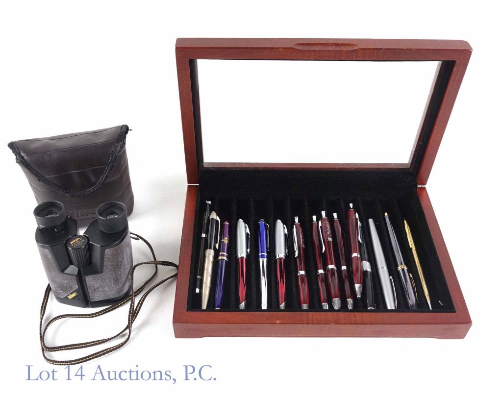 Cross Pens, Binoculars, Pen Box.: 4 Cross pens (2 fountain, 2 ballpoint). Pair of Nikon Binoculars - Venturer II 10 x 25 5 degree Binoculars, w/ case and strap. 11 University of Chicago Law School giveaway pens. Wood and glass pen dis