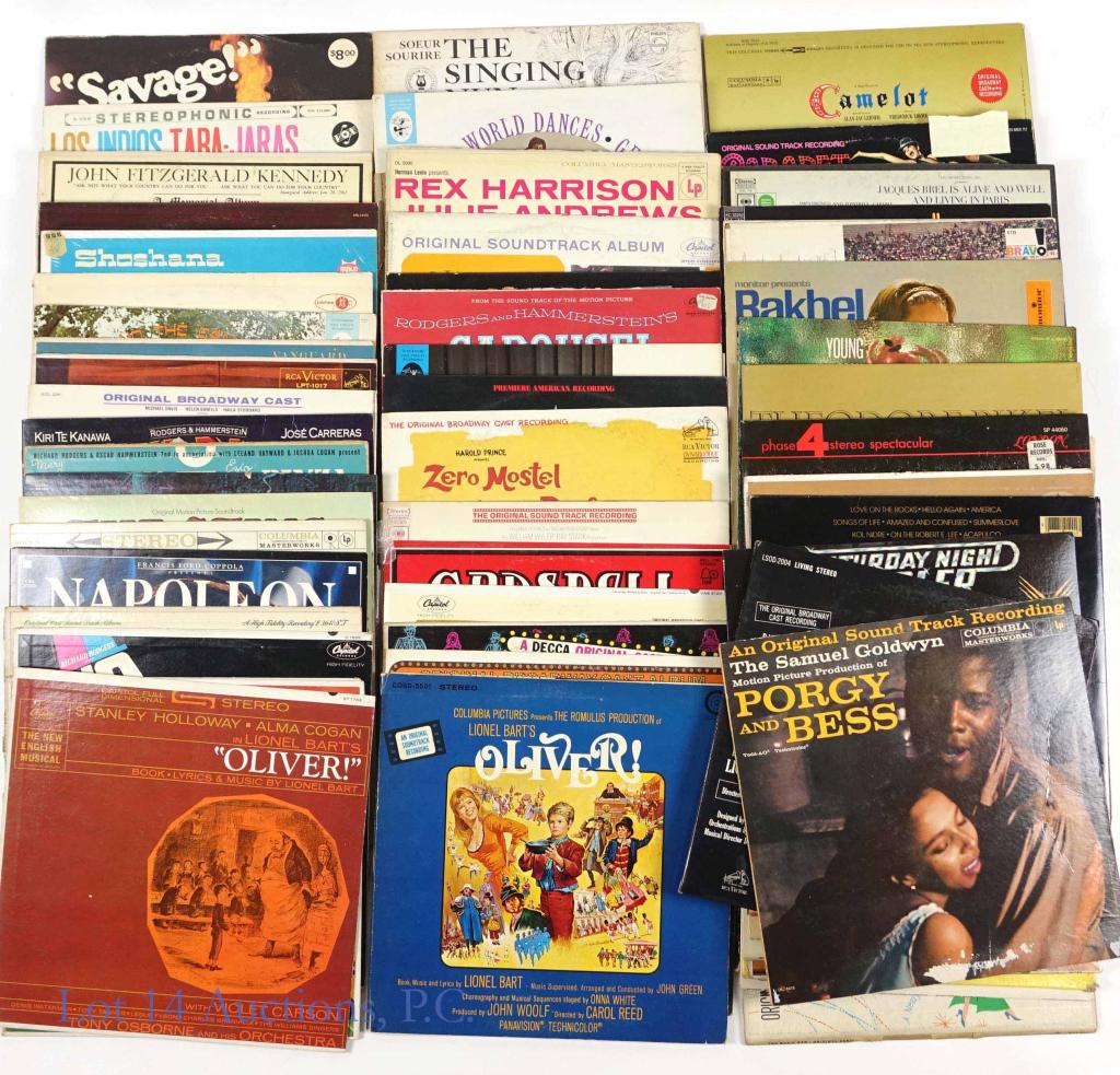 Soundtrack & World Music Vinyl Record LPs (50+): Over 50 LP records of soundtracks (mostly Broadway from the 1960s-80s) and world music. NOTE for bidders: We have not examined these records. This entire collection is quite heavy, and while we will s