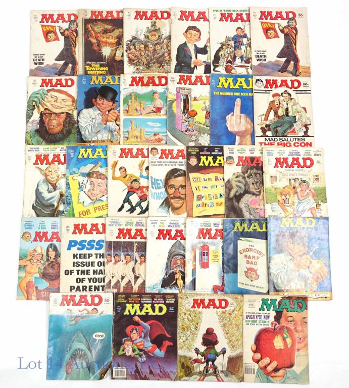 Mad Magazines 1973 - 1981 (30): March, June x 2 , October, 1973; March, April, October, December, 1974; March, April x 2, September, October, 1975; January, April, July, September, October, December, 1976; June, July, September, Dec