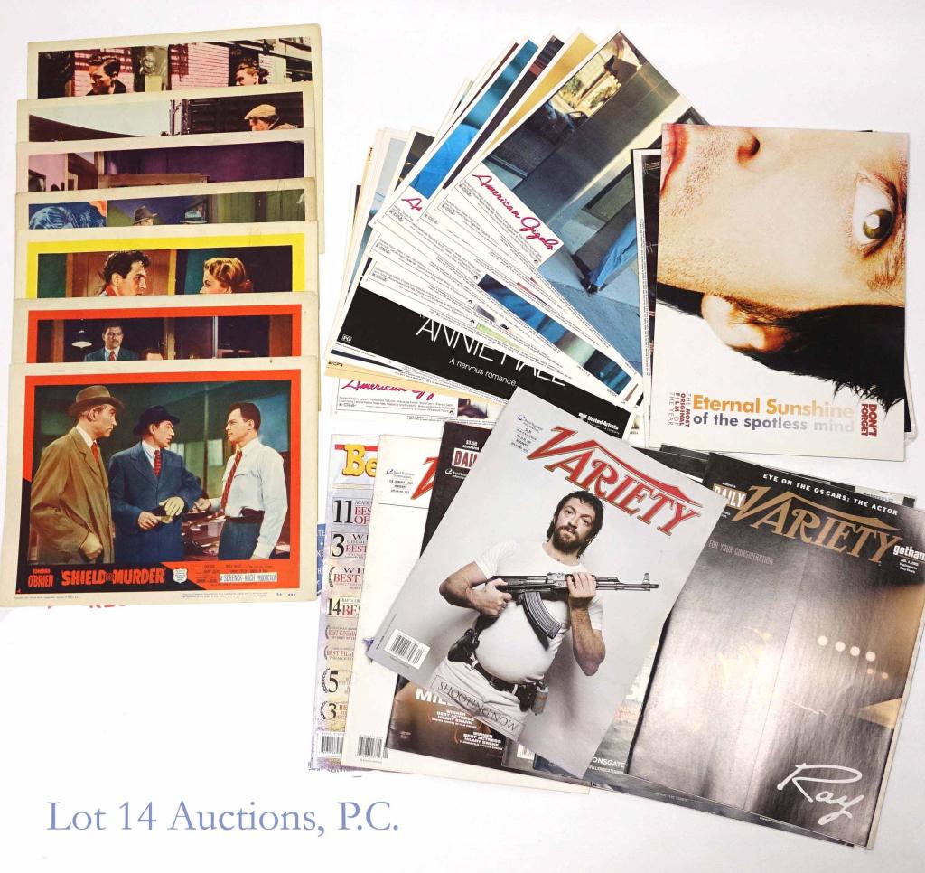 Original Movie Lobby Cards (25) & Magazines: 14 x 11" Movie lobby cards: Patton, Annie Hall (Allen & Duvall), Kramer vs. Kramer (Hoffman), Chariots of Fire (Cross), Ordinary People (Sutherland, Moore, Hutton), Gandhi, Amadeus, Out of Africa (Str