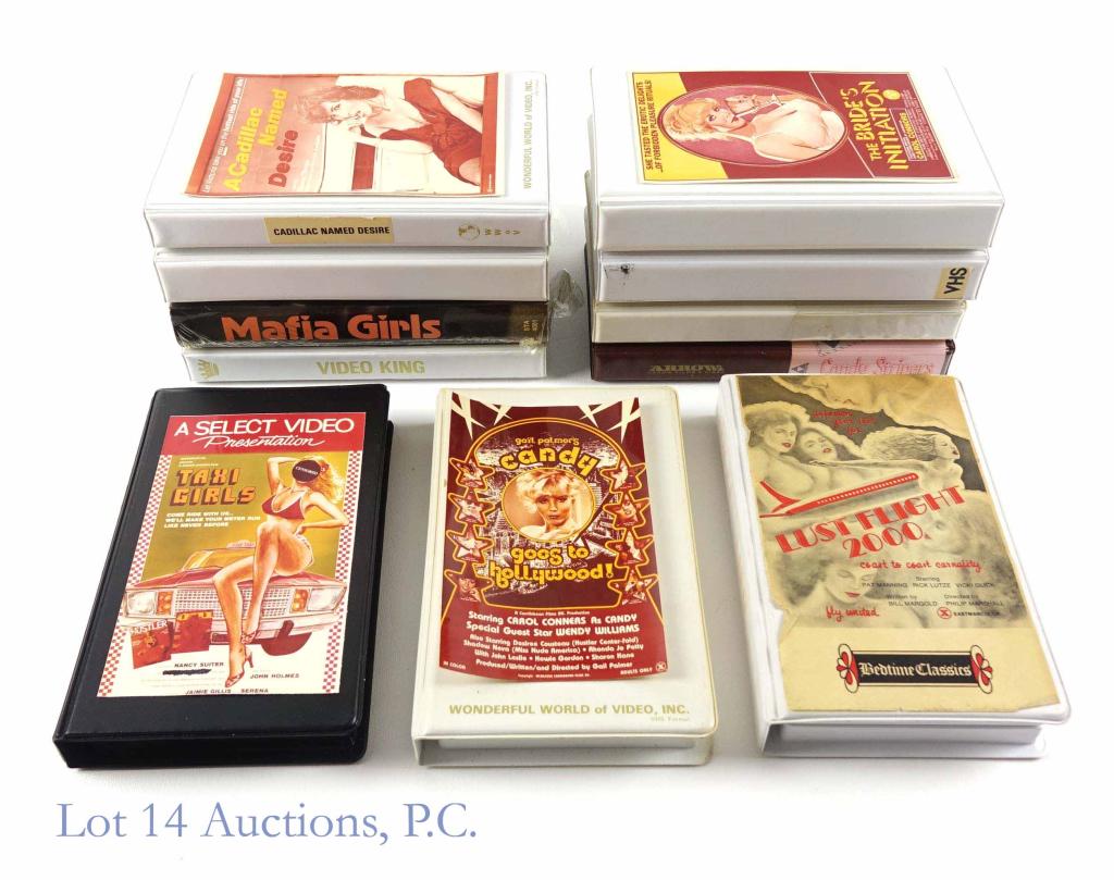 Adult VHS Tapes (11): Heavenly Desire, China de Sade, A Cadillac Named Desire, Lust Flight 2000, A Bride's Initiation, Taxi Girls, Secrets, Superwoman (XXX), Candy Stripers, Mafia Girls, Candy Goes to Hollywood. Very early