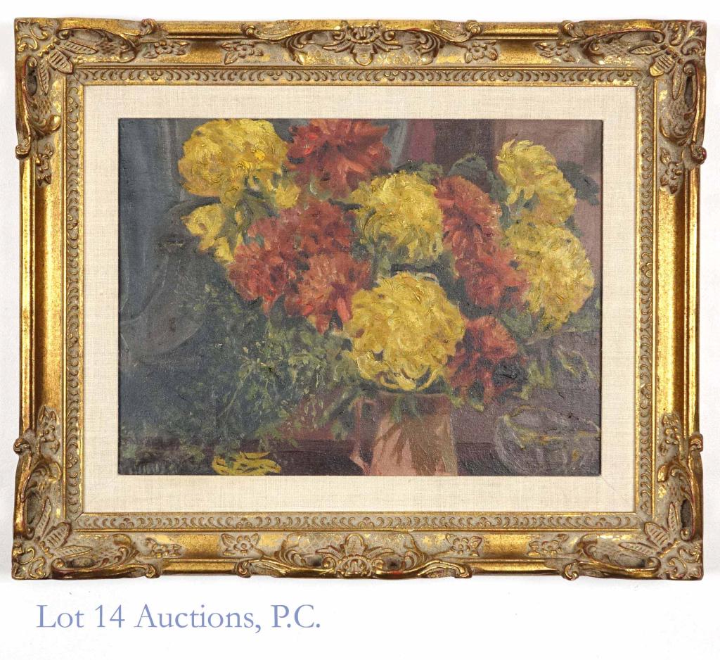 Patrick (?) Hurd Flower Painting, Framed: There is approx. ~1inch damage to the lower left hand side of the painting. Frame: 21 13/16" x 17 3/4". Image: 15.5" x 11.5".