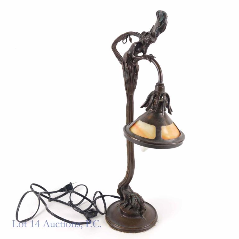 Bronze & Slag Glass Nymph Table Lamp (WORKS!): Bronze table lamp with slag glass shade. The shade is supported by a nude wood nymph growing out of the tree. 18" tall. Shade is roughly 5" in diameter. 10 pounds, 5 ounces. Cord appears newer than th