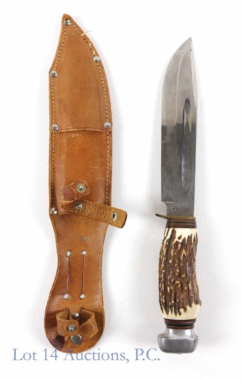 E. Knechi & Co. Bowie Knife (Stag Handle, Sheath): E. Knechi & Co. Bowie Knife. Comes with stag handle and sheath.
