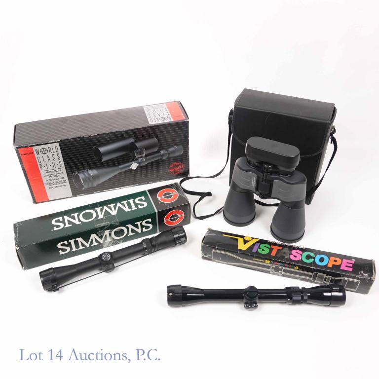Binoculars / Gun Scopes (4): Tasco World Class Plus target scope. Appears new in box. M/N# DWCP832x50. 8x - 32xx 50 mm. *** Vistascope 4-post precision riflescope by Kassnar. NO brackets. 3 - 9 x 32. In very rough box. ***Simmons