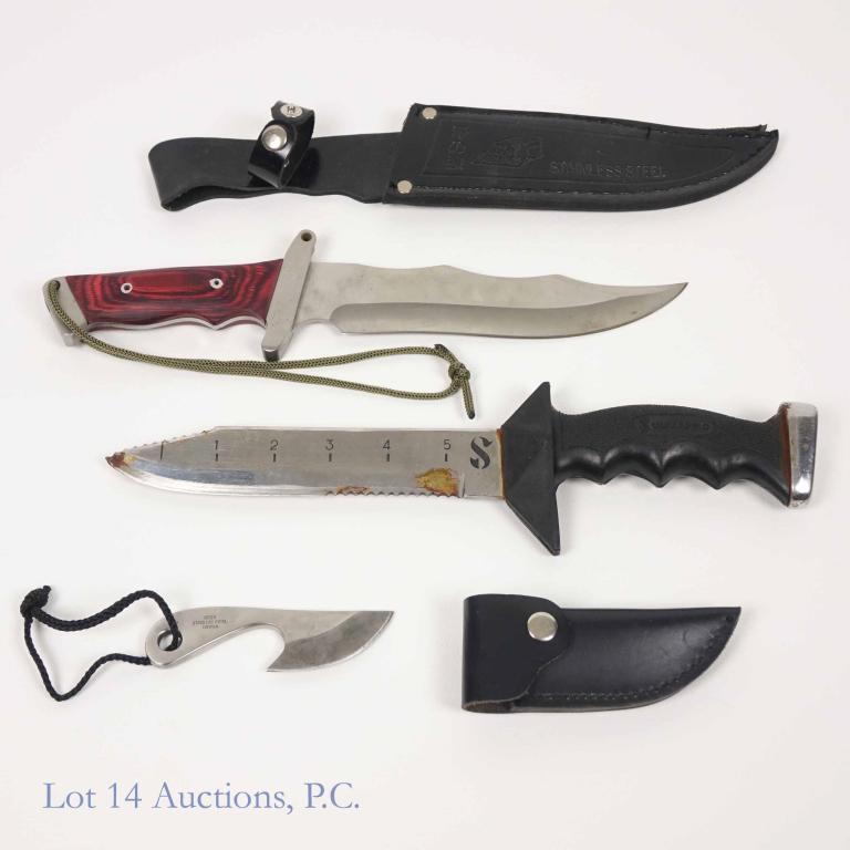 Knives (1 SCUBA Knife) (3): ScubaPro diving knife. Japan. 6-1/4" blade. *** Little Skinner knife in sheath. 2-1/2" blade *** Stainless knife with redwood style handle and sheath. 6-3/4" blade
