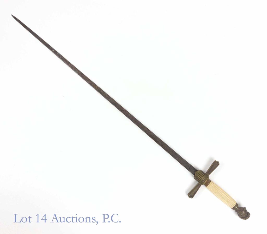 19th C. Militia Sword: United States 19th century militia sword - possibly Civil War era or earlier. Pommel and hilt are brass, and display a knight's helm and the Union Shield. This is very similar in design to a Model 184