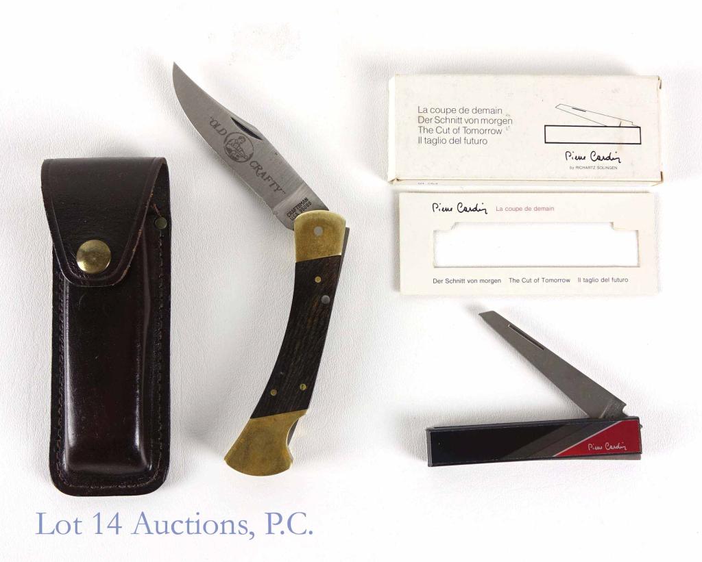 Craftsman & Pierre Cardin Knives: 2 knives: Craftsman "Old Crafty" with 3-1/4" blade and leather sheath. ** Pierre Cardin (La coupe de demain) with 3" blade (in original box).