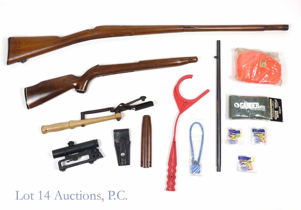 Firearms / Gun Parts & Accessories**: ** See pictures for details. Stocks, barrel, brand new Gander Mountain gun stock, Ne Star 4 x 22 WA scope.