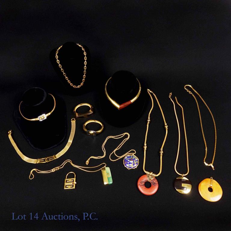 Early Givenchy Jewelry Group - Signed. 1976 - 78.: Every piece in this lot is signed Givenchy jewelry. One necklace needs the jump ring reattached. All other pieces appear to be in good condition. 9 Necklaces (one is missing its pendant) (all are mark