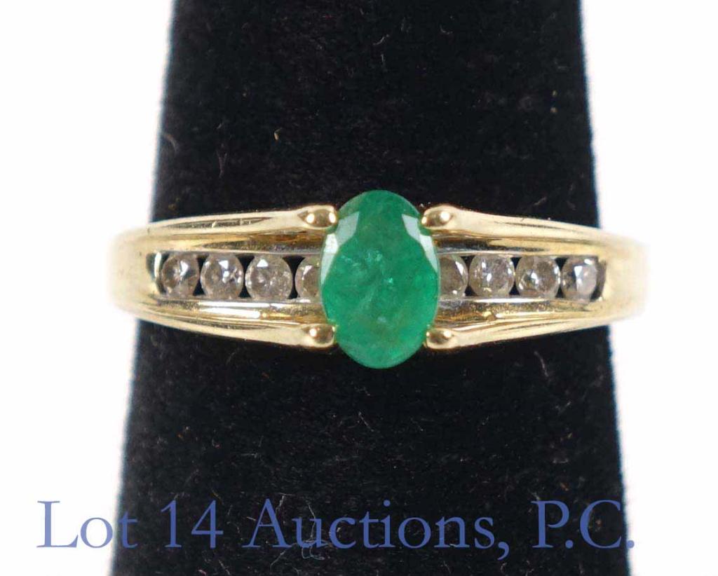 10k Gold Ring w/ Emerald: 10 k gold ring with emerald stone. 2.85 grams total weight. Marked 10 k. Size 6. Stone thermally tests as emerald. Electronically tests at 12 karat gold.