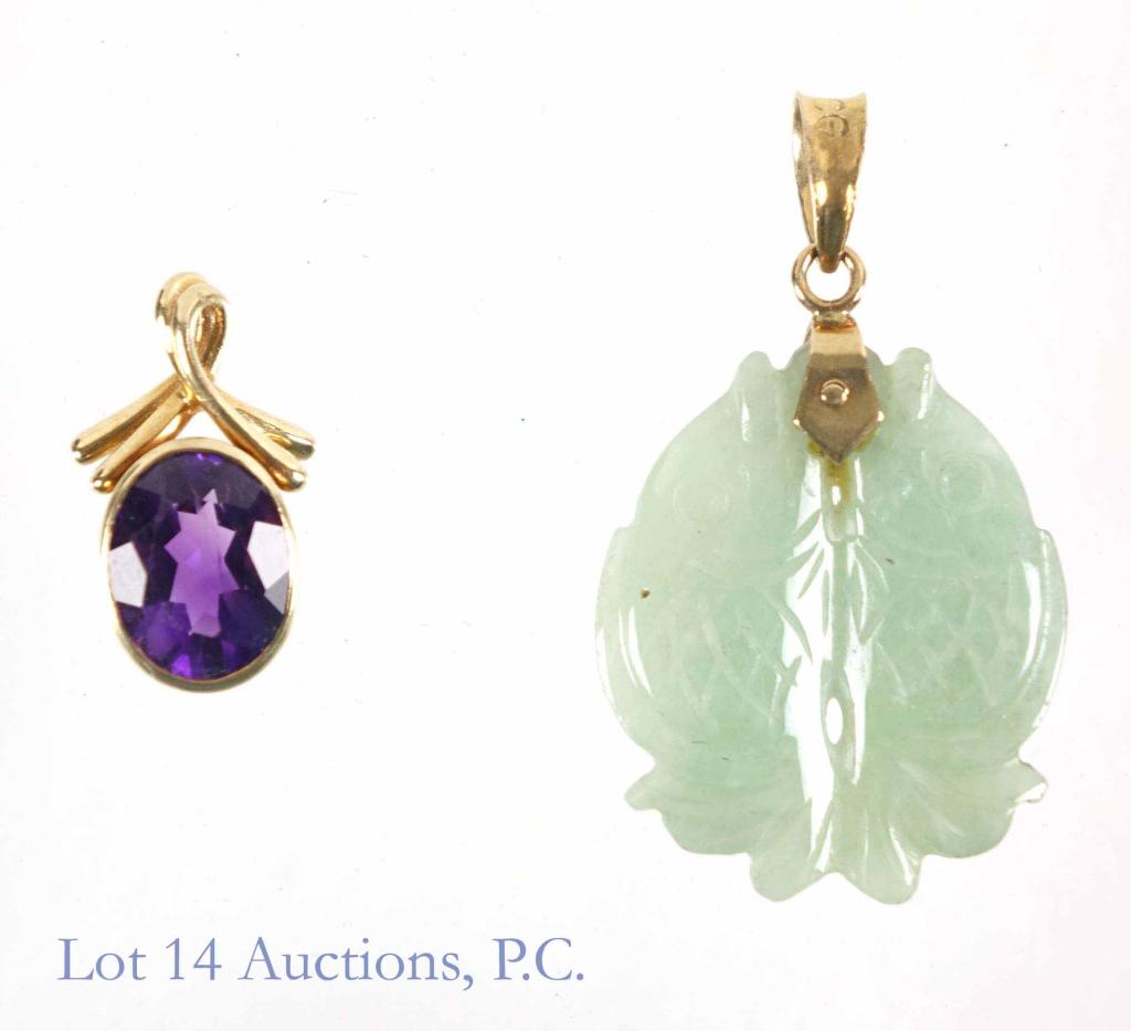 Jade (Jadeite) & Amethyst Pendants (2): Jade pendant has 14 k bail. 3.0 grams total weight. Marked 14 kt. Electrically tests at 15 karat gold. *** Amethyst pendant. Total weight 1.55 grams total weight. Not marked. Thermally tested as ameth