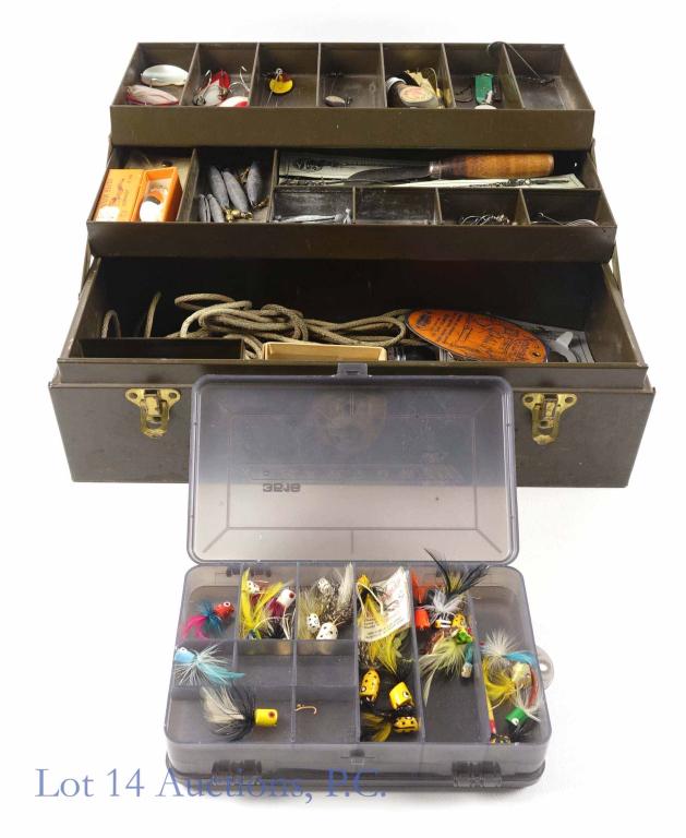 Kennedy Fishing Tackle Box, Fly Lures (Vintage): Vintage Kennedy Kits style 1416 metal tackle box with original tag. Latches work, no key, leather strap / handle in good condition. Fly and cast fishing vintage lures. 10lbs., 13ozs., total weight for