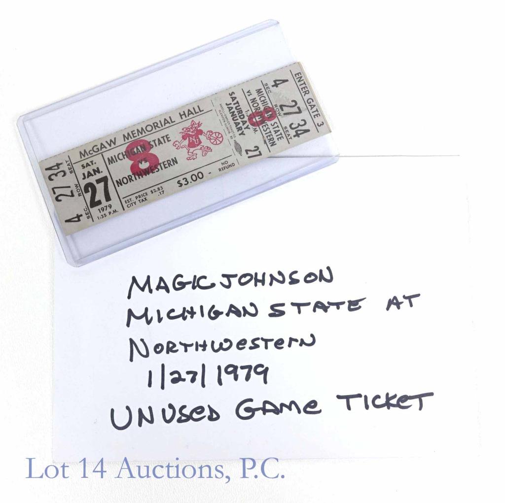 1979 Northwestern- "Magic Johnson Game" Ticket: Unused ticket from the Saturday January 27, 1979 men's basketball game between the Northwestern Wildcats and Magic Johnson and the Michigan State Spartans. This is a full unused ticket in really nice