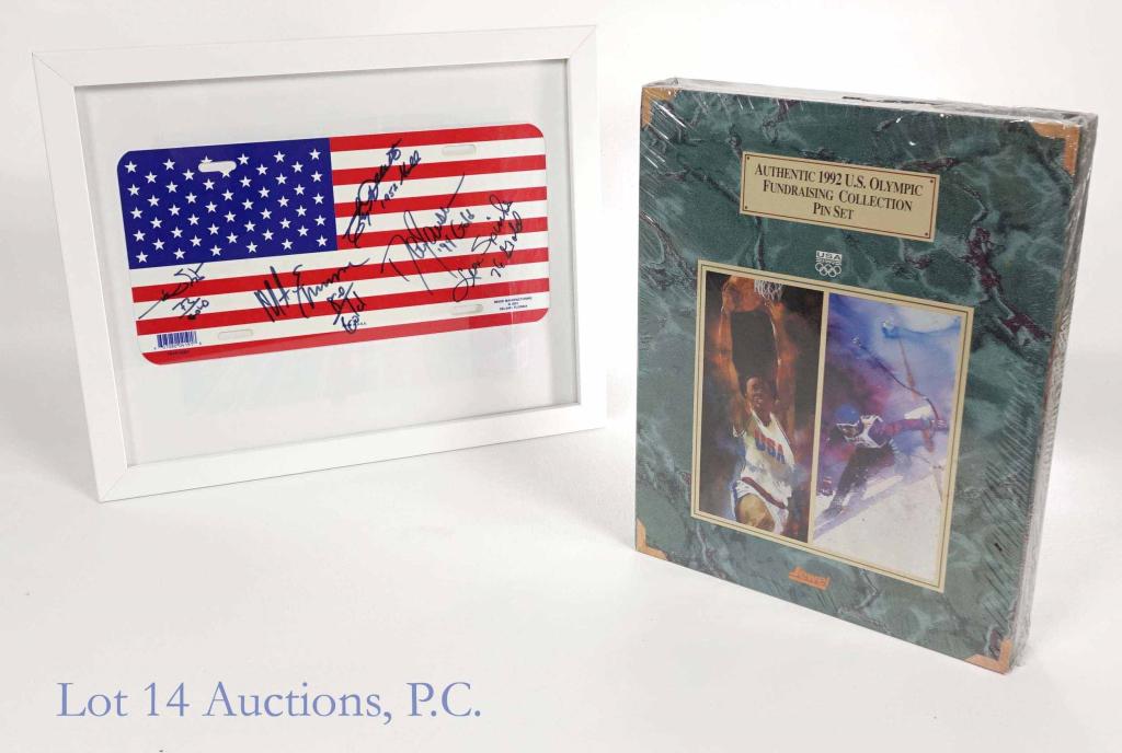 US Olympic Autographs & Pin Set: US Olympic Autographs & Pin Set. Includes a framed 15x12 US flag signed by Mark Spitz, Leon Spinks, Mike Eruzione, Dan Jansen & Clyde Lovellette. Also includes a 1992 US Olympic Fundraising Collection