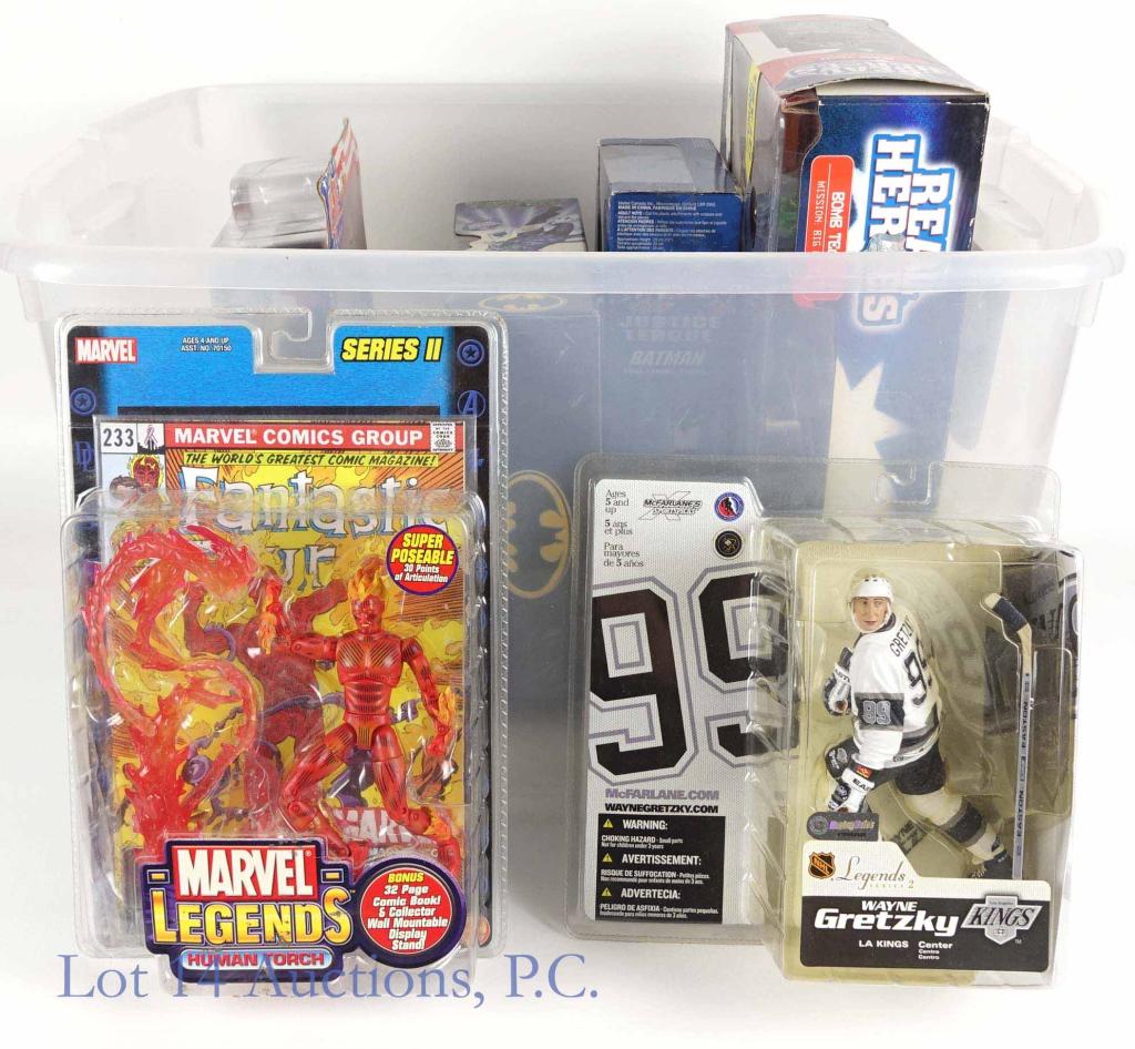 Action Figures - Batman / Joker / Marvel (6): New old stock. Real Heroes: Bomb Teach. Justice League- Batman. The Joker. Marvel Legends Human Torch Series II- some light dirt on the outside packaging. GI Joe Basic Training Army. Legends Series 2 