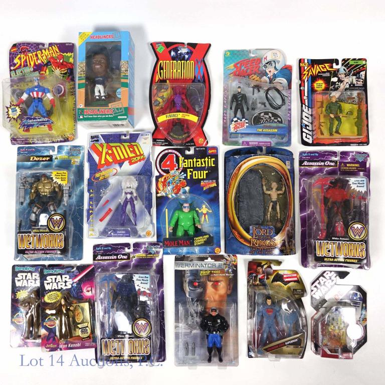 Action Figures (New in Box): Star Wars, Wetworks, Lord of the Rings, Terminator 2, Marvel, Speed Racer, Superman, Ken Griffey, Jr.