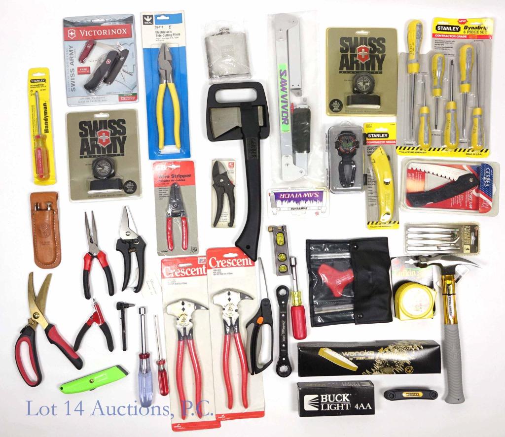 Mixed Tools Lot 2 (40+): Lot of 40+ mixed tools. Sets included are Stanley 6 piece Driver set (in box), Wiha driver w/ dual bits & 4 piece tweezer set. Others: Mini Light, 4 different pairs of scissors, 5 different blades/kni