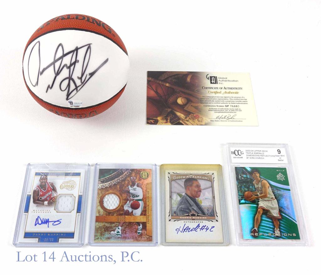 NBA Signature / Jersey / Graded Cards (+More): Dennis Rodman signed mini-basketball (GAI COA) ** Cards include Danny Manning, Ray Allen, a graded Kirk Heinrich, and Upper Deck Connie Hawkins.