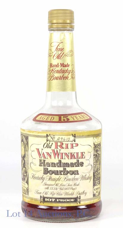 Old Rip Van Winkle 15 yr. Hndmd. Bourbon (OPEN): **IF YOU NEED SHIPPING ON BOTTLES OR DECANTERS PLEASE CALL US BEFORE BIDDING! 847-625-0555!** Old Rip Van Winkle handmade Kentucky straight bourbon whiskey. 15 years. 107 proof. 750 ml. No. A9610. App