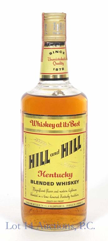 Hill & Hill Blended Whiskey: **IF YOU NEED SHIPPING ON BOTTLES OR DECANTERS PLEASE CALL US BEFORE BIDDING! 847-625-0555!** Hill and Hill Kentucky blended whiskey. 86 proof. 4/5 quart. Full & sealed. Series 112 Internal Revenue ta