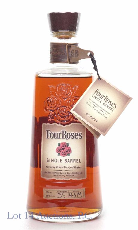 Four Roses Single Barrel Bourbon: **IF YOU NEED SHIPPING ON BOTTLES OR DECANTERS PLEASE CALL US BEFORE BIDDING! 847-625-0555!** Four Roses single barrel Kentucky straight bourbon whiskey. 100 proof. 750 ml. Full & sealed. Neck tag on