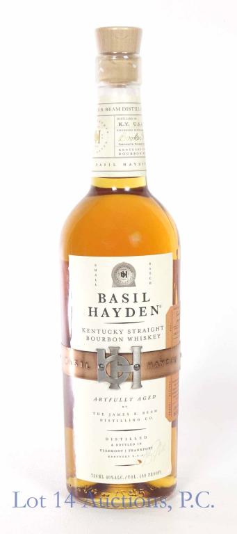 Basil Hayden Bourbon Whiskey: **IF YOU NEED SHIPPING ON BOTTLES OR DECANTERS PLEASE CALL US BEFORE BIDDING! 847-625-0555!** Basil Hayden Kentucky straight bourbon whiskey. 80 proof. 750 ml. Full & sealed. Comes with metal band aro