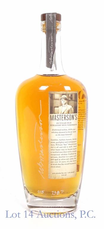 Masterson's 10 yr. Rye Whiskey: **IF YOU NEED SHIPPING ON BOTTLES OR DECANTERS PLEASE CALL US BEFORE BIDDING! 847-625-0555!** Masterson's straight rye whiskey. 10 years. 90 proof. 750 ml. Full & sealed. Batch 015. Bottle # 7387. 35