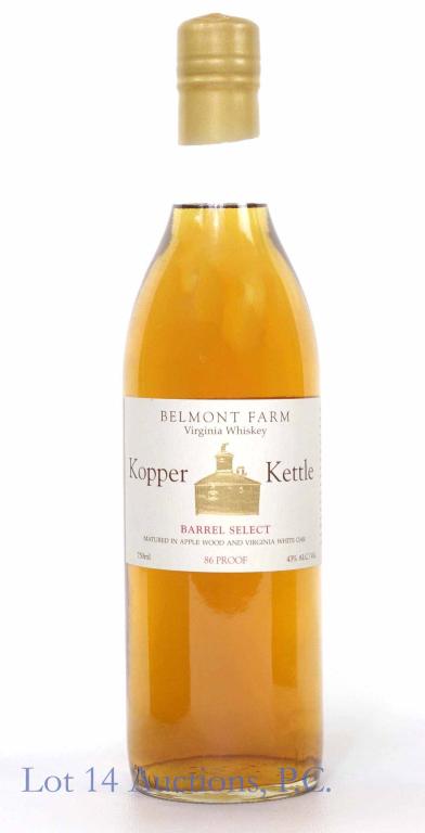 Kopper Kettle Barrel Select Virginia Whiskey: **IF YOU NEED SHIPPING ON BOTTLES OR DECANTERS PLEASE CALL US BEFORE BIDDING! 847-625-0555!** Kopper Kettle barrel select Virginia whiskey. 86 proof. 750 ml. Full & sealed. Belmont Farm. Matured in ap