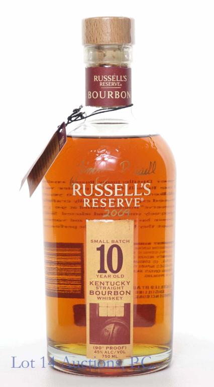 Russell's Reserve 10 yr. Bourbon (Austin Nichols) Signed Bottle: **IF YOU NEED SHIPPING ON BOTTLES OR DECANTERS PLEASE CALL US BEFORE BIDDING! 847-625-0555!** Russell's Reserve Kentucky straight bourbon whiskey. 10 year. 90 proof. 750 ml. Full & sealed. Neck tag pr