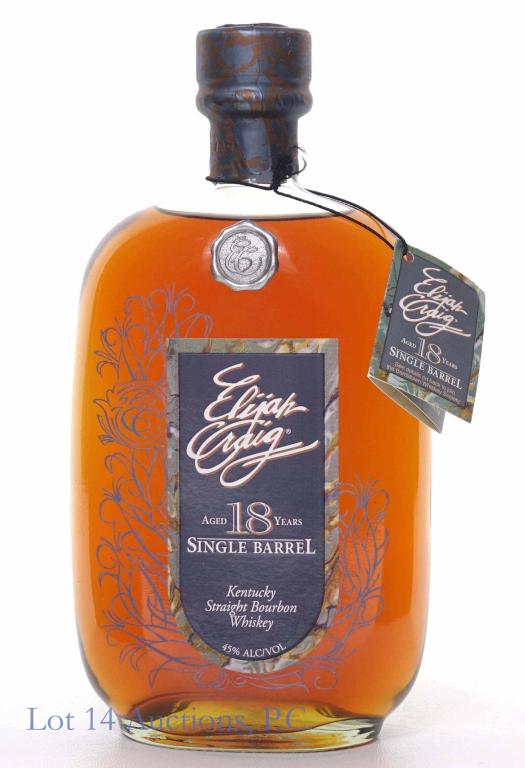 Elijah Craig 18 yr. Single Barrel Bourbon: **IF YOU NEED SHIPPING ON BOTTLES OR DECANTERS PLEASE CALL US BEFORE BIDDING! 847-625-0555!** Elijah Craig single barrel Kentucky straight bourbon whiskey. 18 years (Barreled on 5-15-92). 90 proof. 75