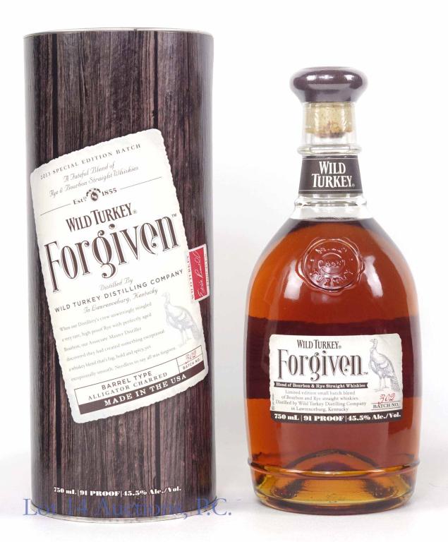 Wild Turkey Forgiven 2013 Spec. Edit. Whiskey: **IF YOU NEED SHIPPING ON BOTTLES OR DECANTERS PLEASE CALL US BEFORE BIDDING! 847-625-0555!** Wild Turkey Forgiven: 2013 special edition batch - blend of rye and bourbon whiskies. 91 proof. 750 ml. Fu