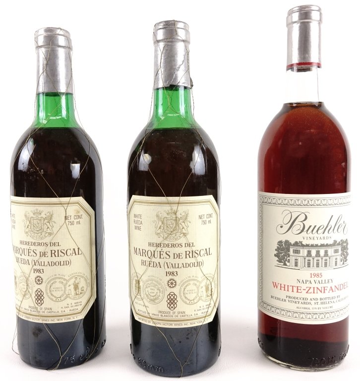 Two 1983 Marques de Riscal & 1 Buehler Wines (3): *** IF YOU MAY NEED SHIPPING YOU MUST SPEAK WITH IAN BEFORE BIDDING ON BOTTLES. 847-625-0555 ***. Two 1983 Herederos del Marques de Riscal White Spanish Wines, full and sealed. 12.7%abv., 750ml. Also,