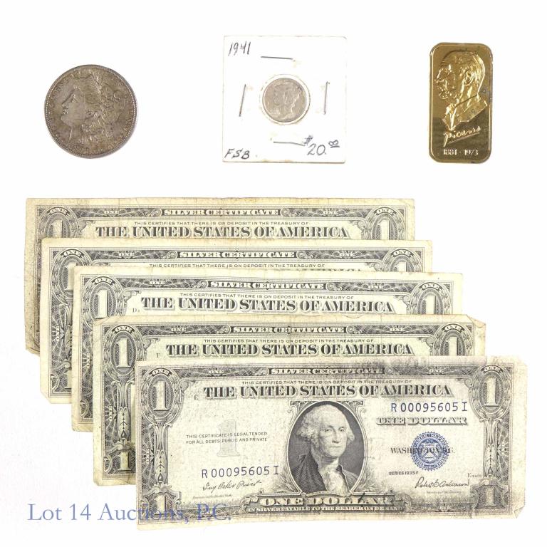 Silver (In Many Forms): 1973 Silver Creations Picasso Silver Bar. 1 troy ounce of 0.999 fine silver coated in 24k gold (Limited to 1000 bars, commemorating the passing of the Spanish painter that year). *** 1898 Morgan dolla