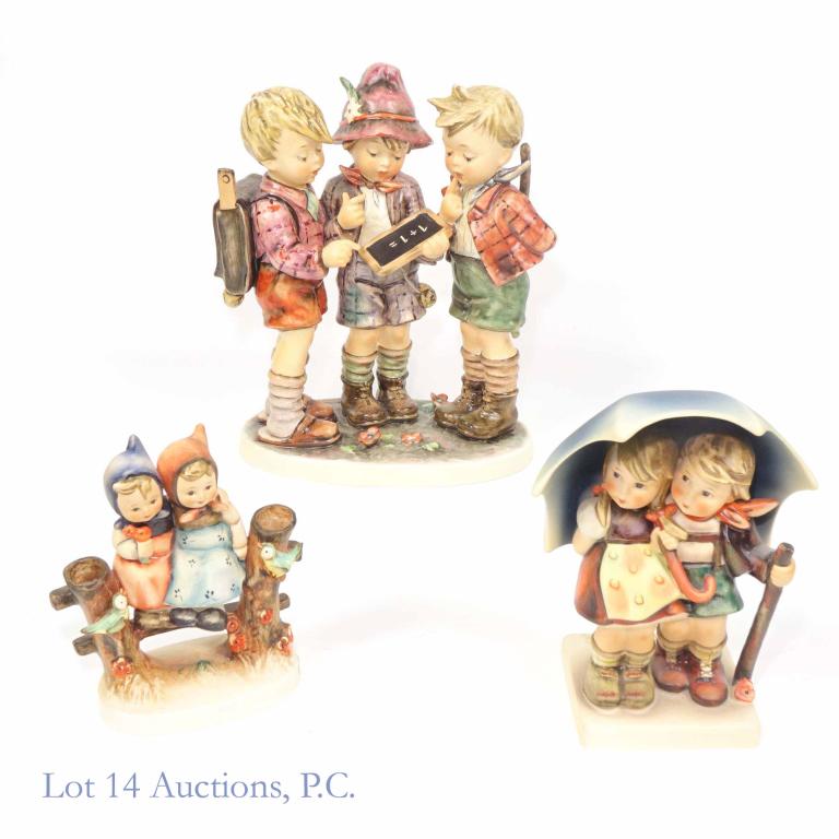 Hummel Figures (Including Rarer Large Figure): "Stormy Weather" (6 1/4" tall). "Coquettes" (5" tall). School Boys 1972, 170 III. Goebel W. Germany.