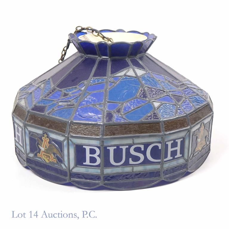 Busch Beer Hanging Light (Tiffany Style): Busch Beer plastic hanging light (in a Tiffany-style). Light works! Approximately 20" across.